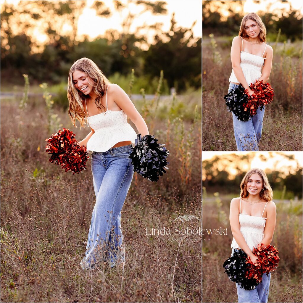 girl with red and black pom poms, Madison CT senior photographer