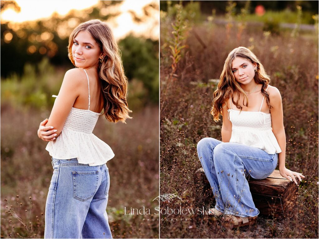 irl in white shirt sitting on a box, Senior girl session in CT photographer