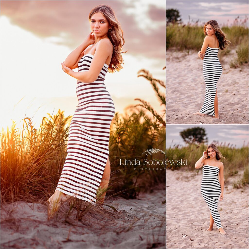 girl in long dress walking along the water, CT Senior Photo session