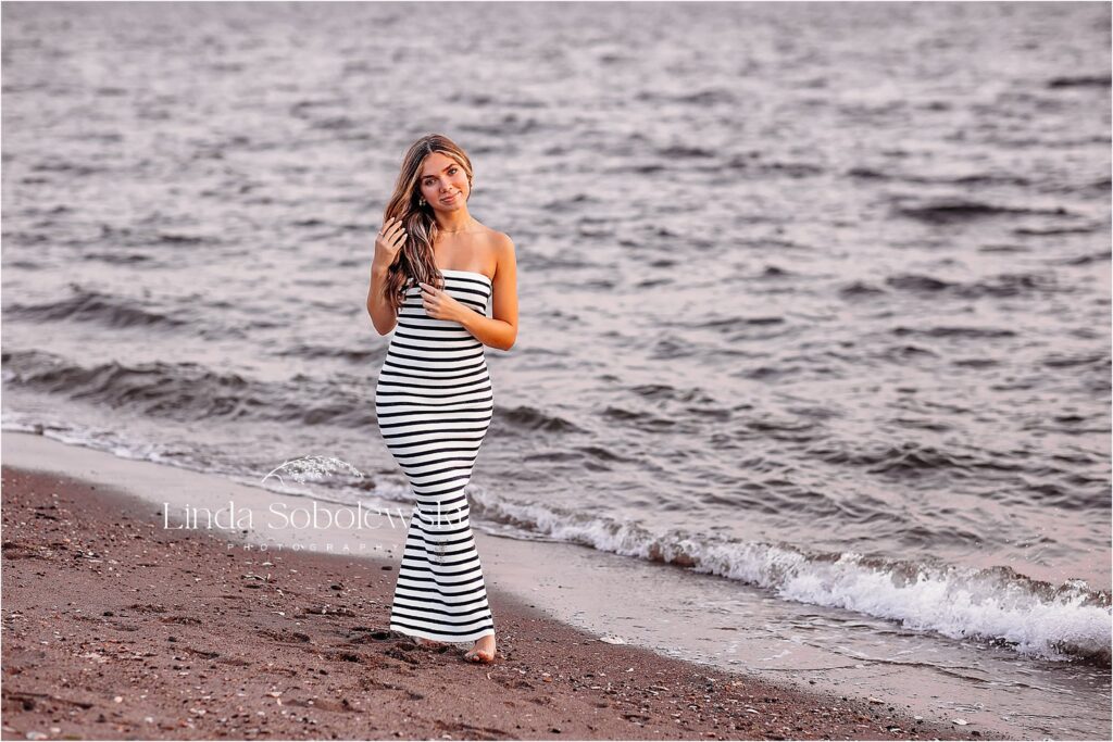 girl in long dress walking along the water, CT Senior Photo session