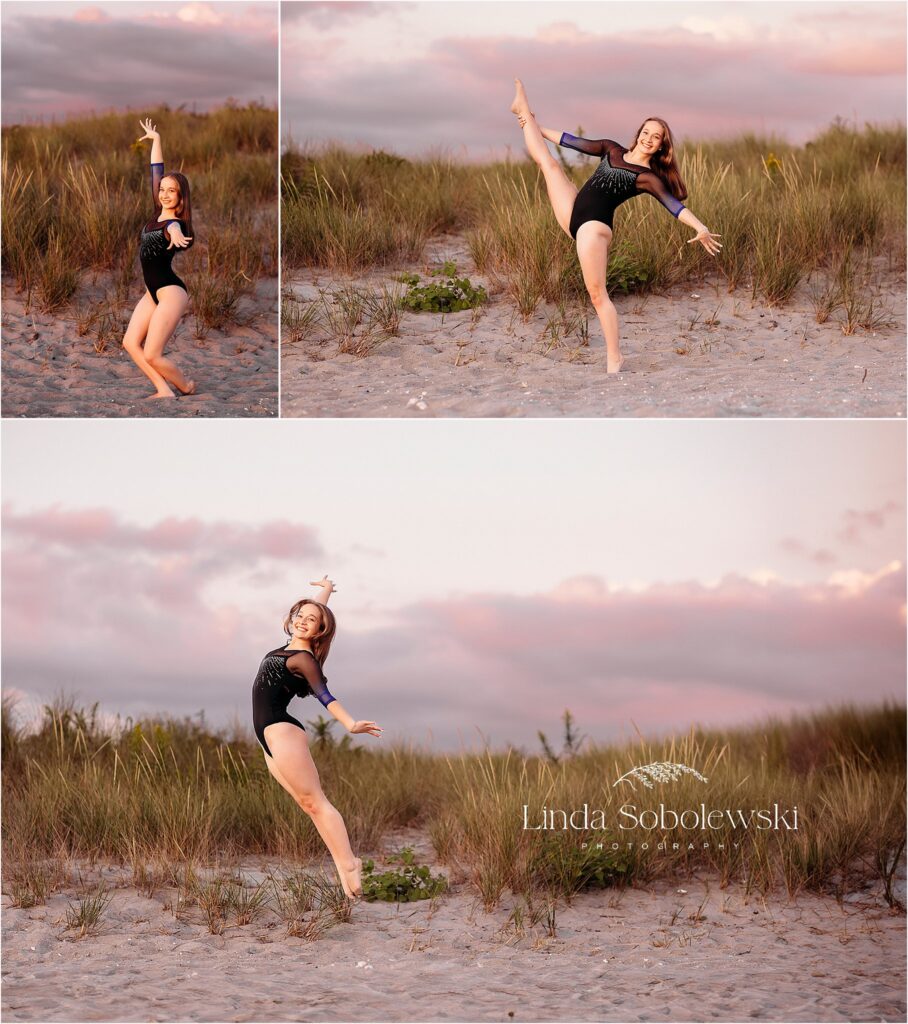 gymnast performing skills with dramatic skies behnd her. CT photographer, 2024 session superlatives