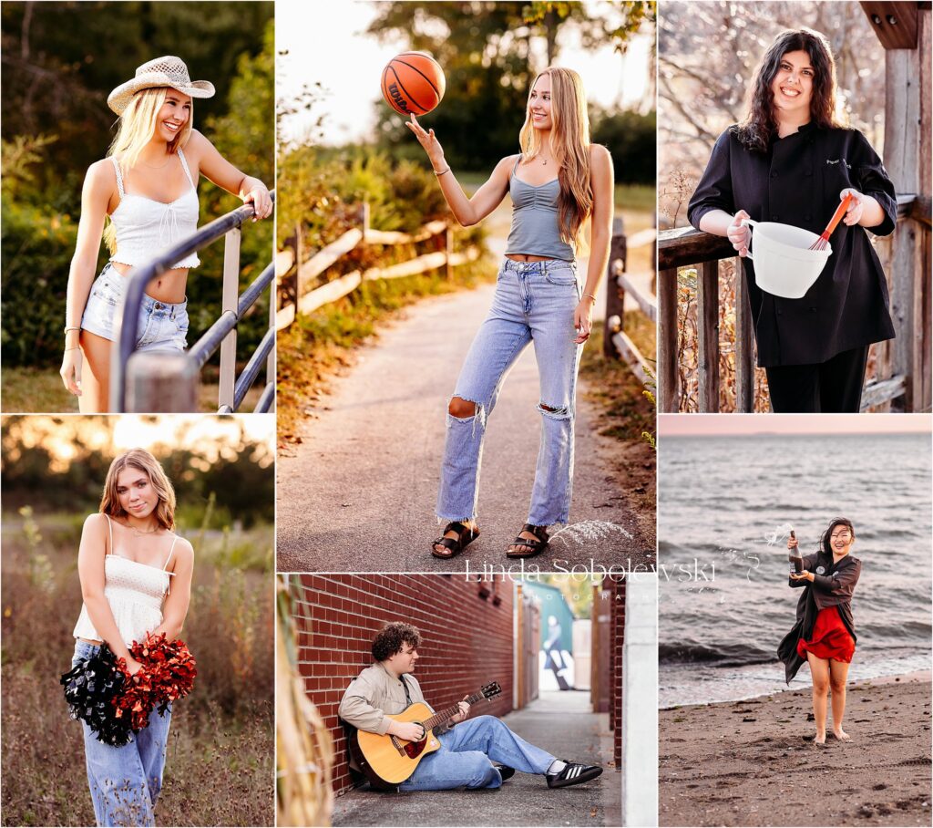 Variety of high school seniors with a variety or props for their senior sessions, CT Best senior photographer