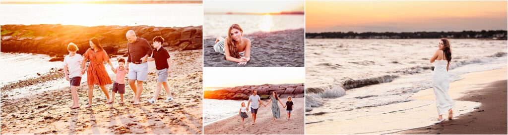 families at the beach during sunset, CT shoreline family and high school senior photographer