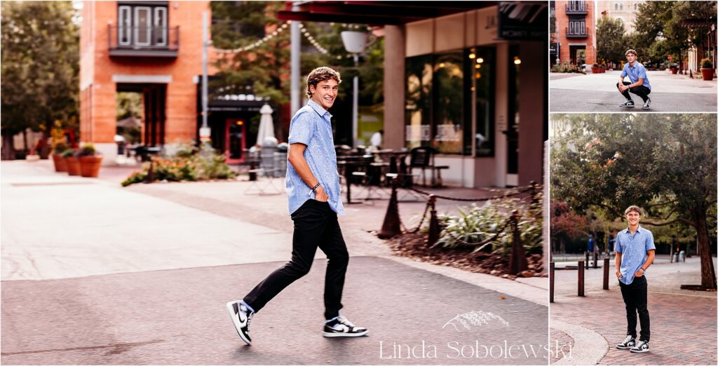 high school senior boy walking around downtown in a city, CT shoreline photograpehr