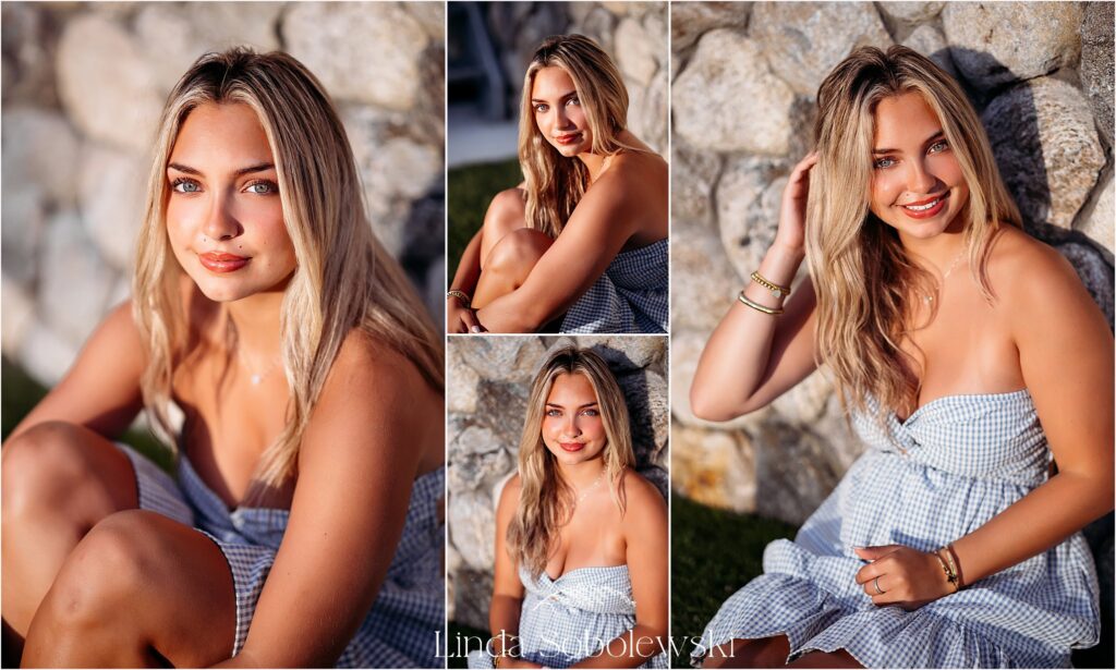 lovely teenage girl in blue dress sitting in the sun, Connecticut Senior Photographer