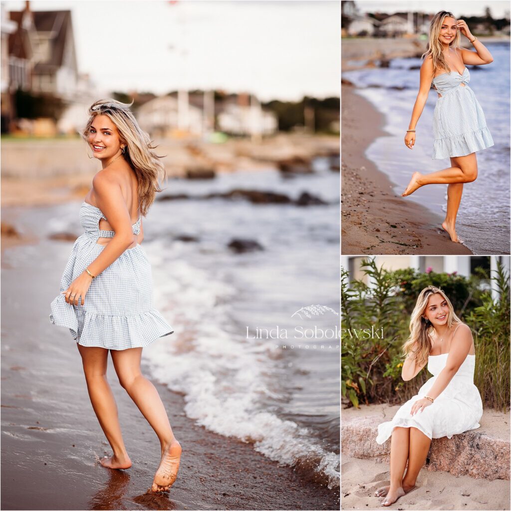 pretty teenage girl in blue dress at the beach, Connecticut Senior Photographer