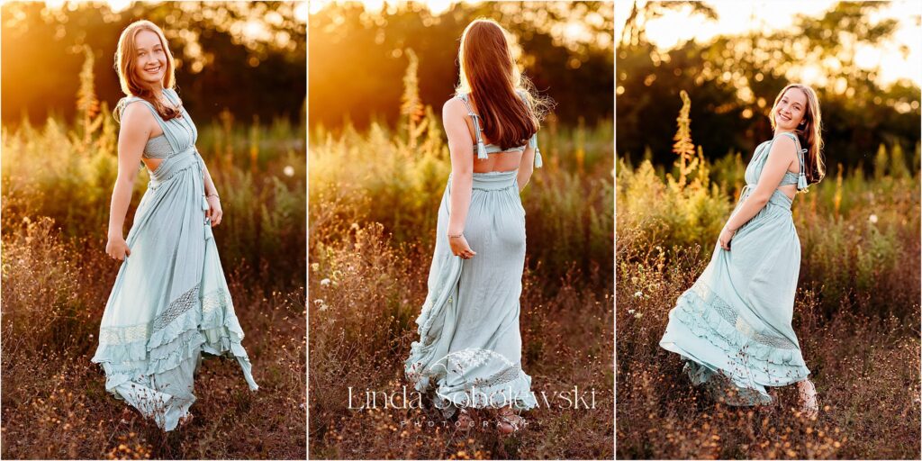 girl in long blue dress in a field of golden grasses, CT shoreline senior photographer