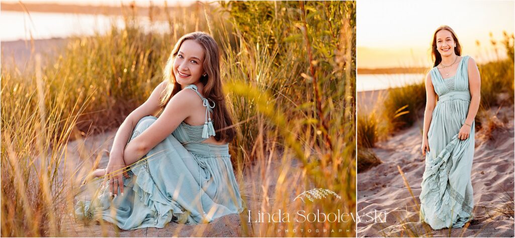 girl in blue dress at the beach, Gymnastics Senior photo session