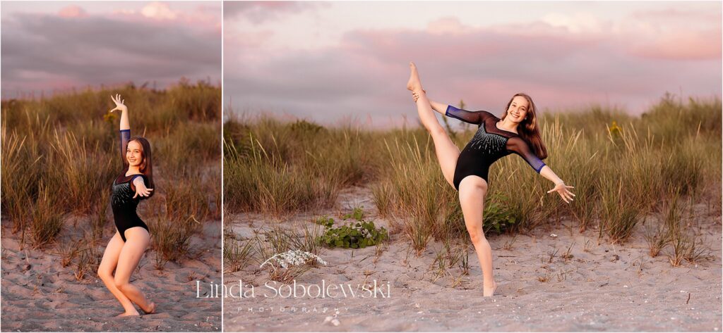 girl in gymnastics leotard jumping in the air, CT Senior photographer