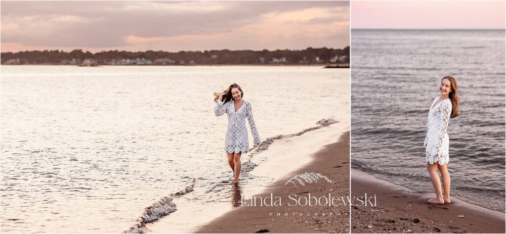 teenage girl in white dress at the beach, Gymnastics Senior Session in CT