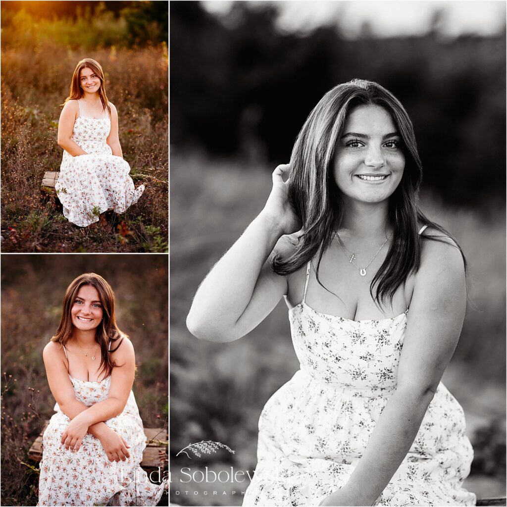 girl sitting on a box in a glowing field, Madison CT senior photographer