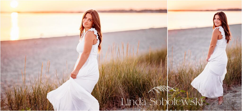 high school senior girl in long white dress spinning around at the beach, CT Best senior photographer