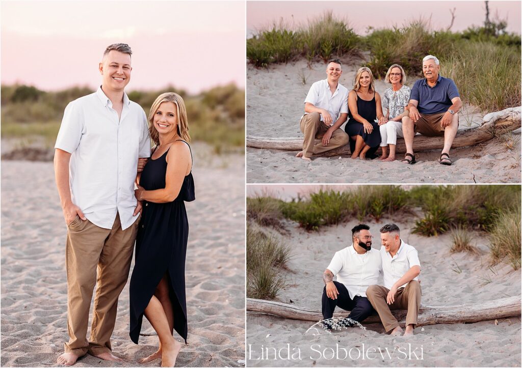 siblings on a log at the beach, CT Extended Family session