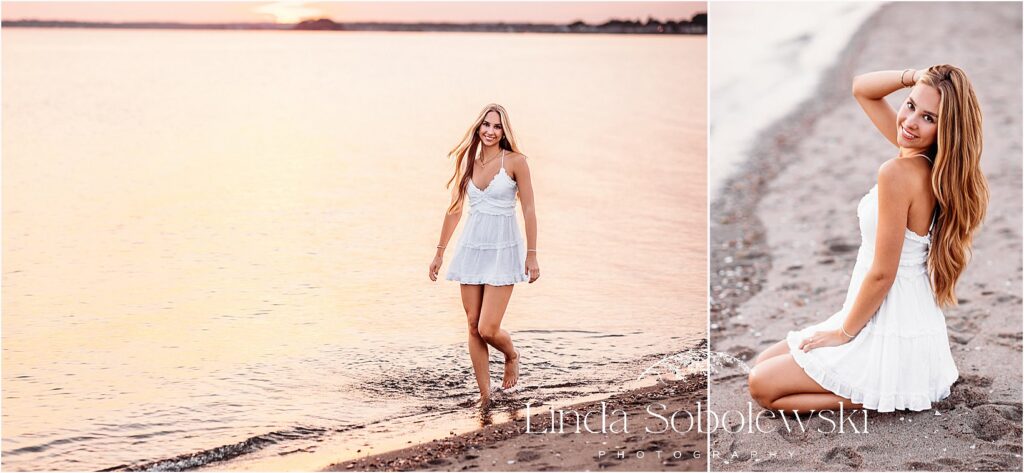 senior girl in white dress at the beach, CT Shoreline senior photographer