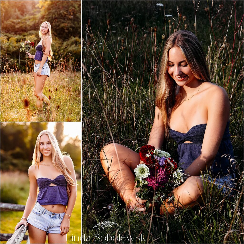 teenage girl holding a bouquet of flowers in a field, CT senior photographer