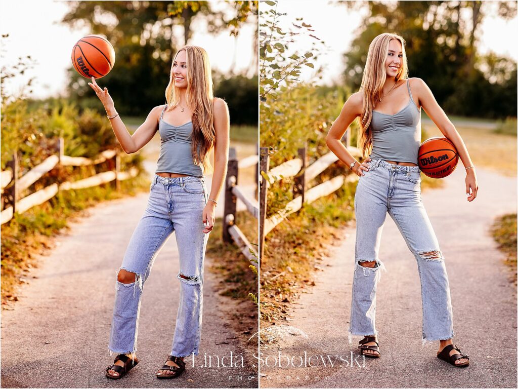 girl in biue jeans holding a basketball, Old Saybrook  Best senior photographer