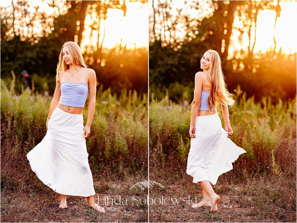 girl in whit skirt spinning around, Madison CT Senior photographer