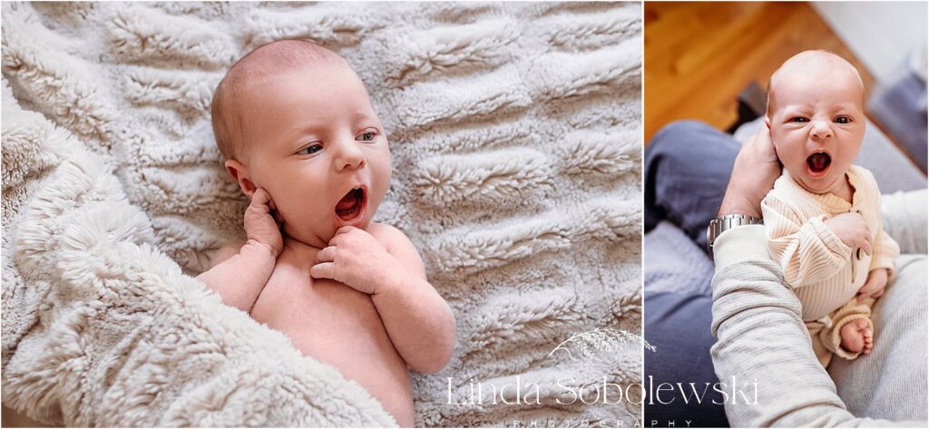 newborn boy yawning, CT shoreline photographer