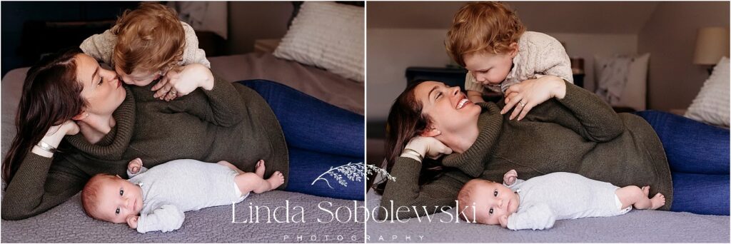 mother with her newborn baby and toddler son, Newborn photo session in Branford CT