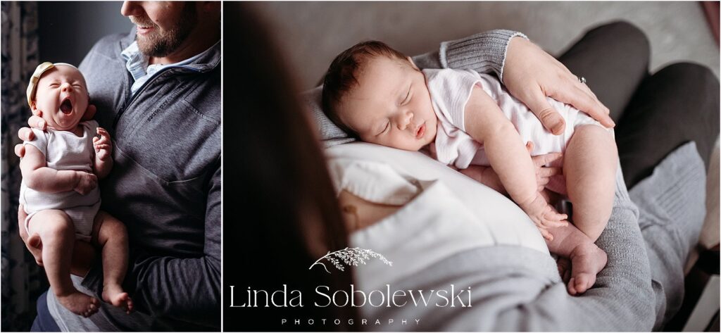 A collage showing a newborn baby yawning in dad’s arms and sleeping on mom’s chest during a Connecticut newborn photography session.