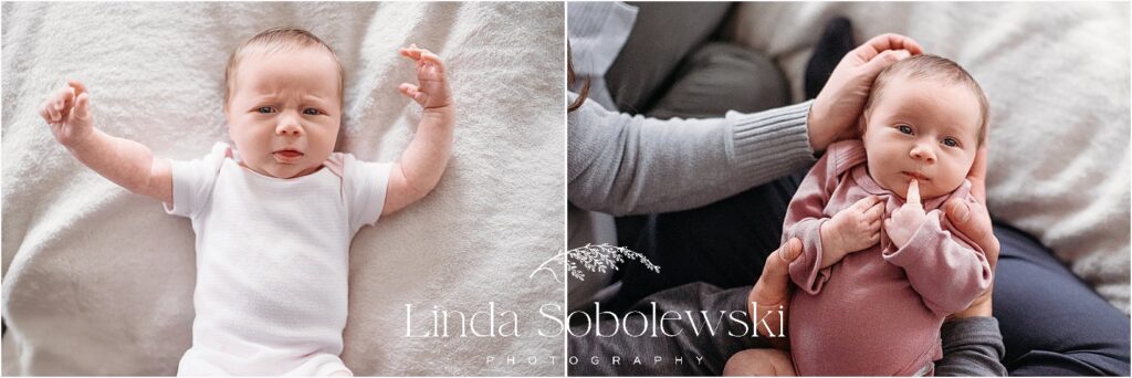 A split image showing a newborn baby making adorable facial expressions, highlighting the beauty of natural newborn photography.