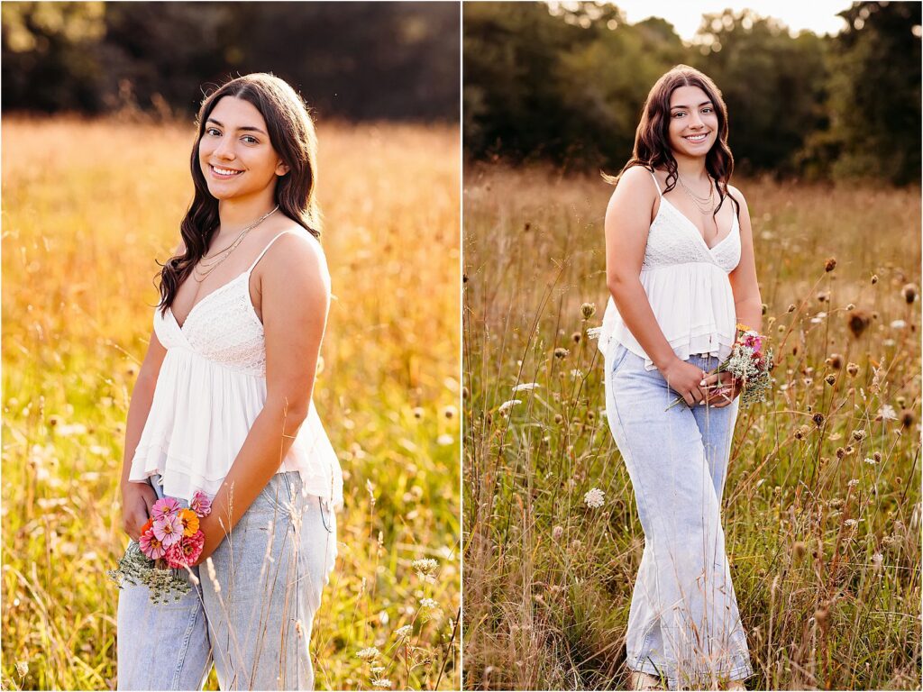 Collage of senior girl in a field with flowers – Senior Photography Madison, CT – A beautiful golden-hour senior session featuring a senior girl in a wildflower field, showcasing natural and timeless outdoor portrait