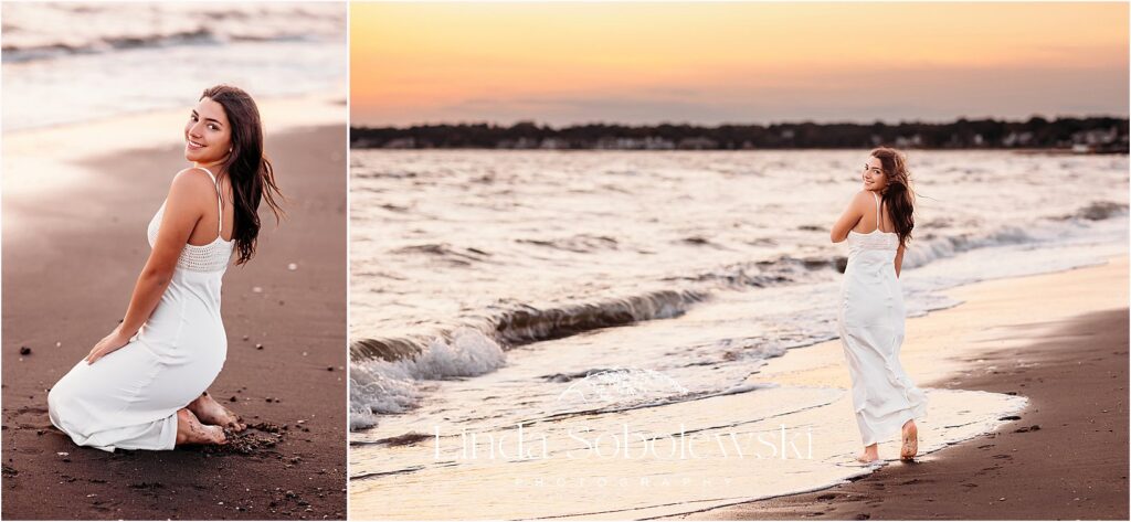 A coastal senior session with a serene beach backdrop, creating elegant and relaxed senior portraits.