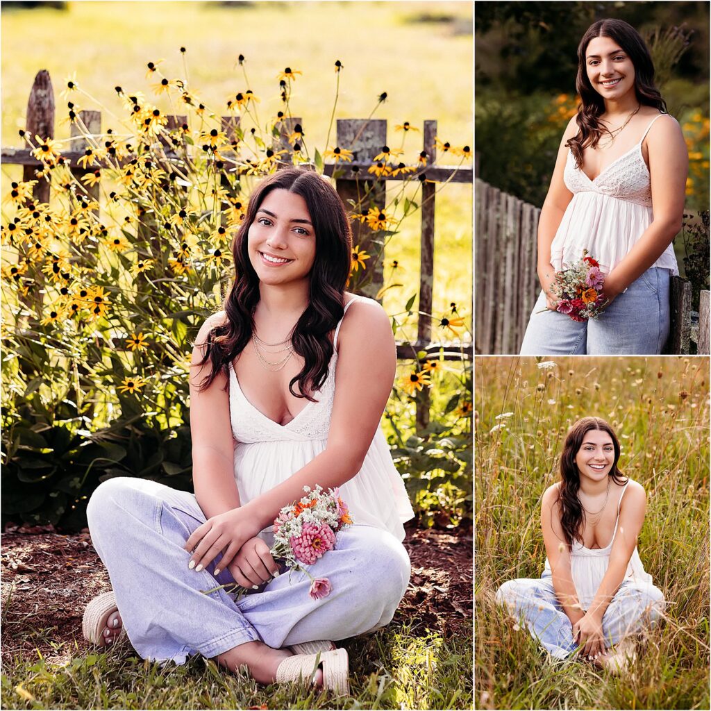 Olivia poses gracefully in front of a rustic fence surrounded by vibrant yellow wildflowers, holding a delicate bouquet. The natural setting enhances her soft and timeless look.