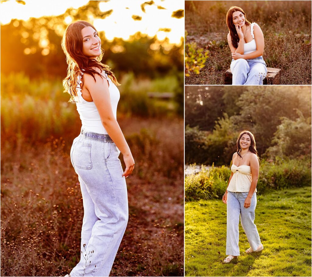 A stunning senior portrait session featuring a high school girl in a golden field, bathed in warm sunset light. Her radiant smile and effortless style capture the beauty of this milestone moment.