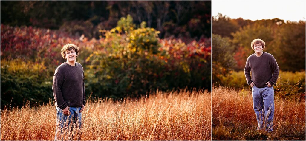 A collection of senior portraits featuring a high school senior in a sunlit field with vibrant fall foliage in Old Saybrook, CT.