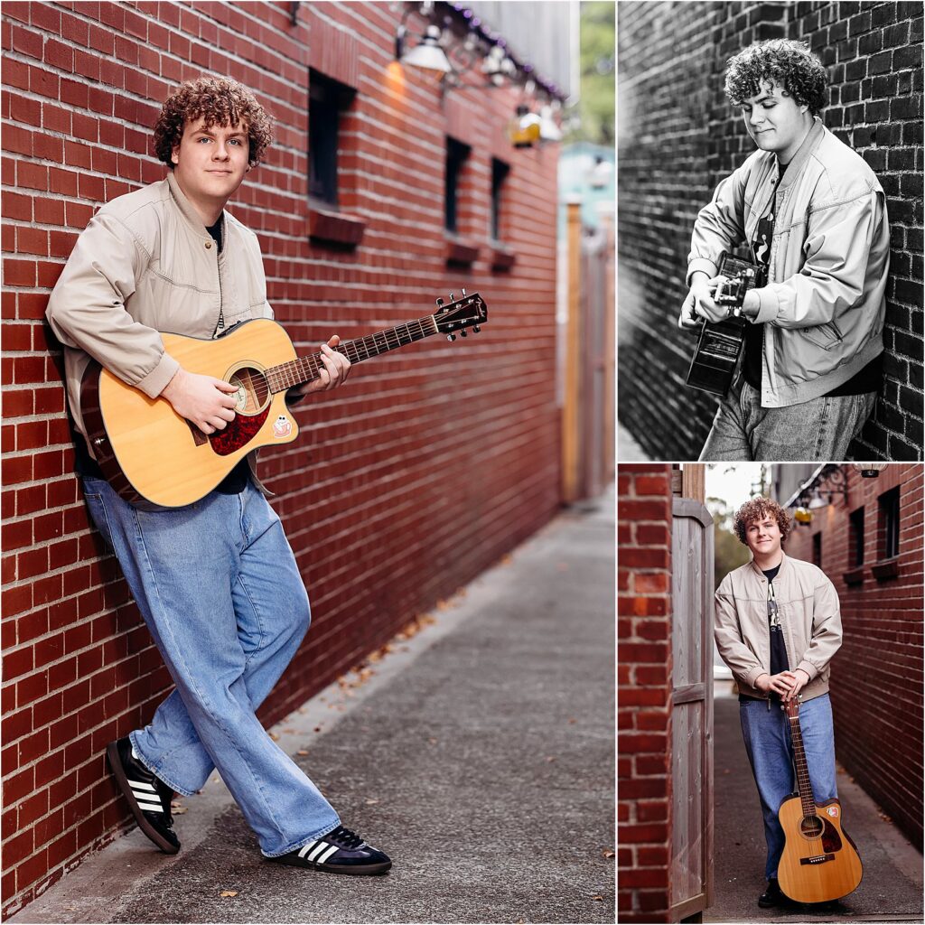 A musician’s senior session, highlighting a senior playing guitar in an alleyway with rustic red brick, Old Saybrook, CT.