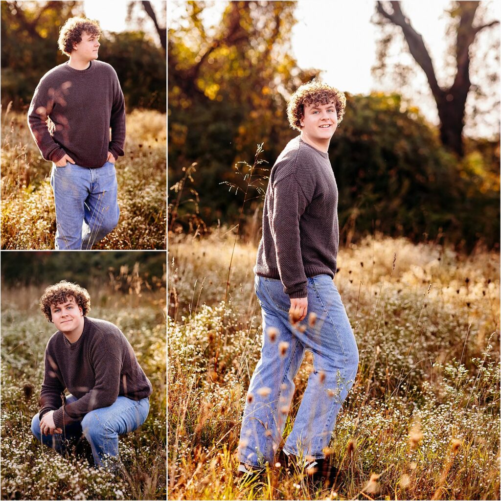 Outdoor senior portraits of a high school senior walking through a sun-drenched meadow with dreamy fall light in Old Saybrook, CT.