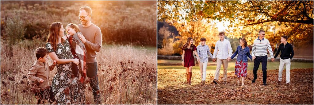 Father walking hand in hand with two daughters through a scenic Connecticut autumn landscape, with golden light and peak fall colors