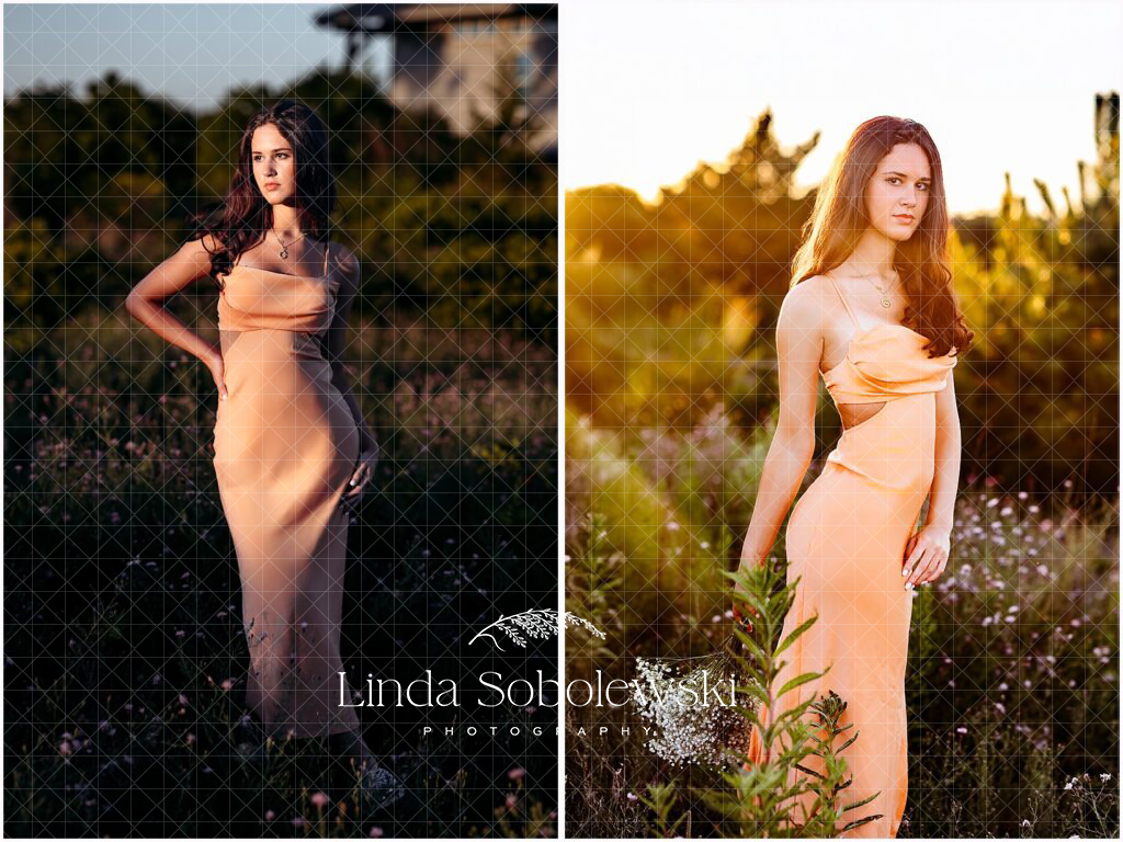 Elegant senior girl in a satin peach dress standing in a wildflower field at sunset — Madison CT Senior Photographer