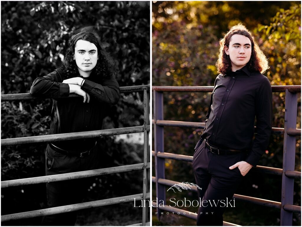 Black and white and color senior portrait collage of a teenage boy wearing all black, leaning against a railing with moody light and natural expression, Connecticut senior photographer