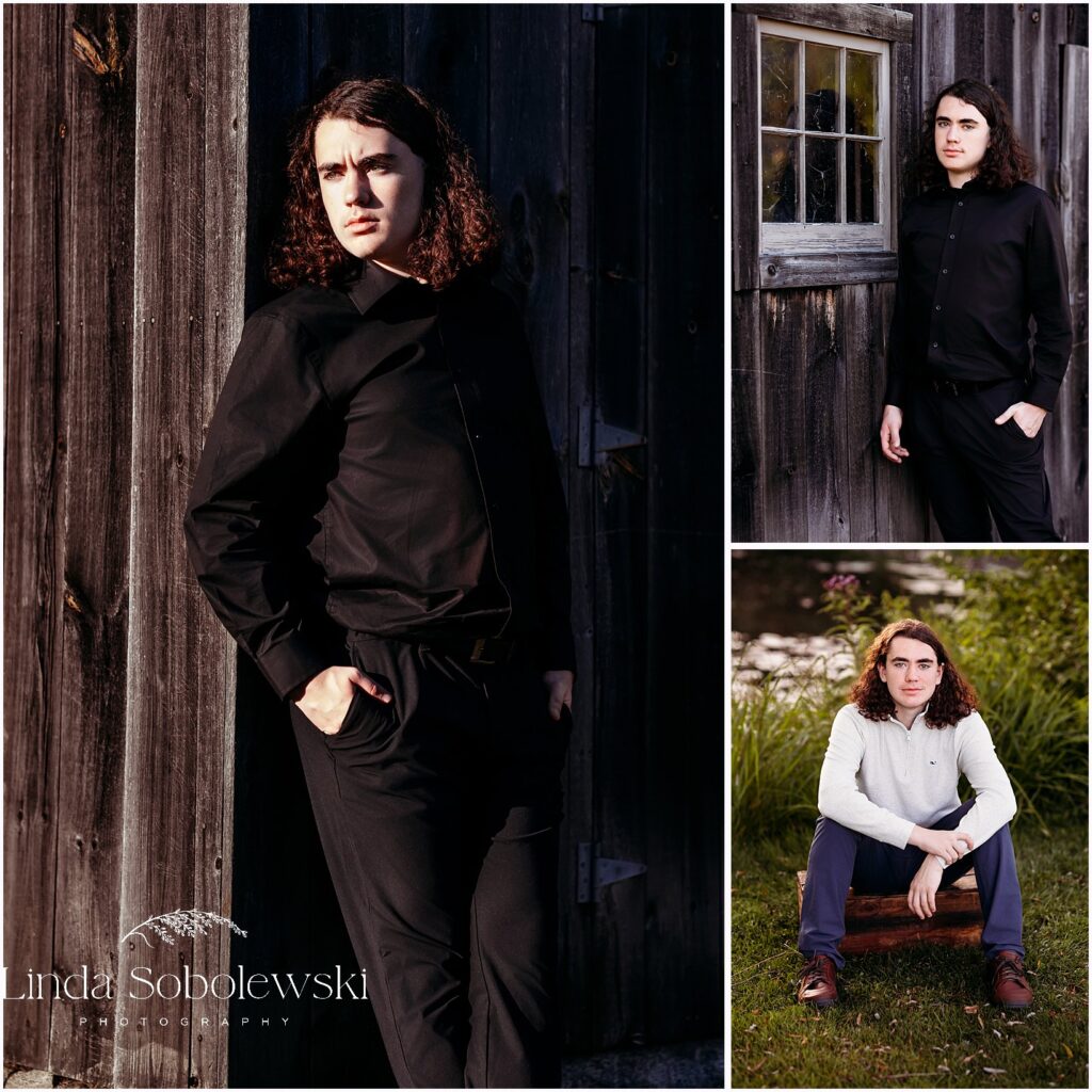 Senior boy standing near rustic wood structures with natural expression and soft autumn light, Madison CT senior photographer