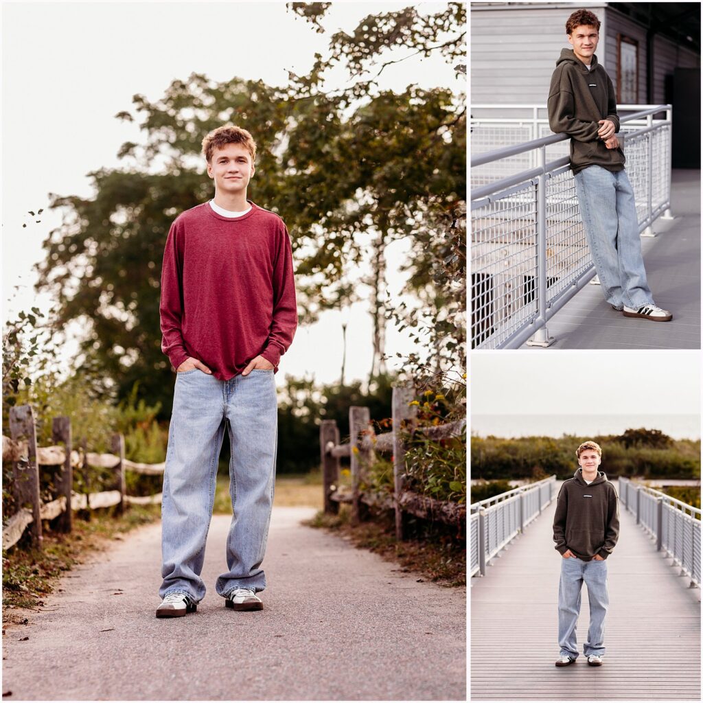 High school senior boy portraits with a natural and casual style photographed along a scenic Connecticut walking path, Connecticut shoreline