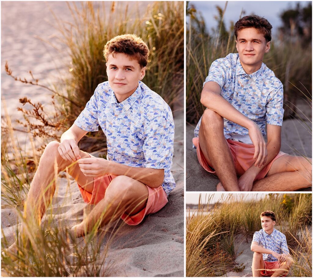 Senior boy sitting on the sand during a calm beach senior session, Connecticut shoreline