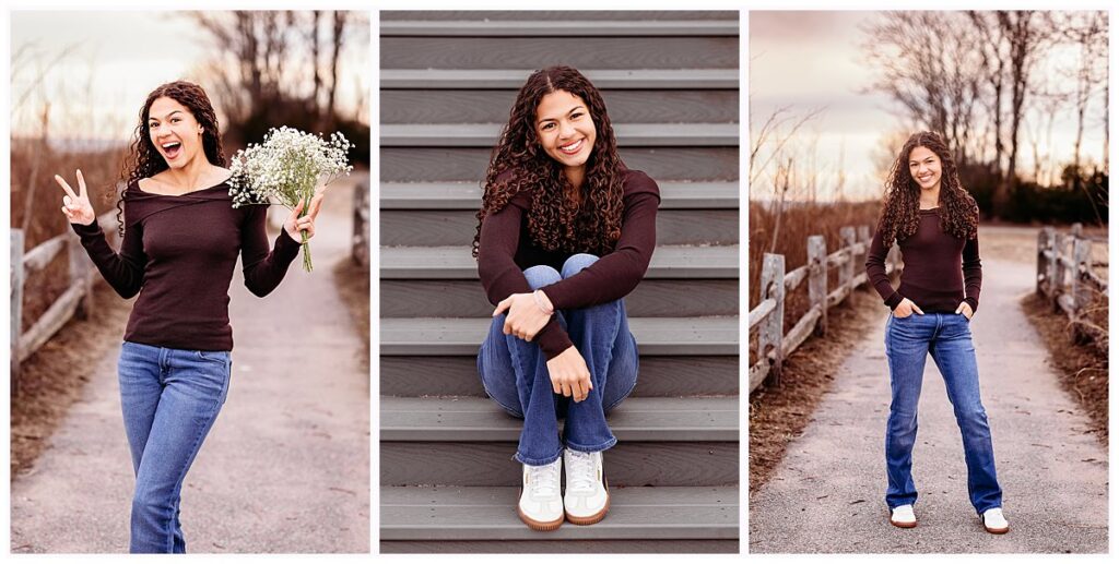 Senior girl laughing and holding baby's breath bouquet on the boardwalk
