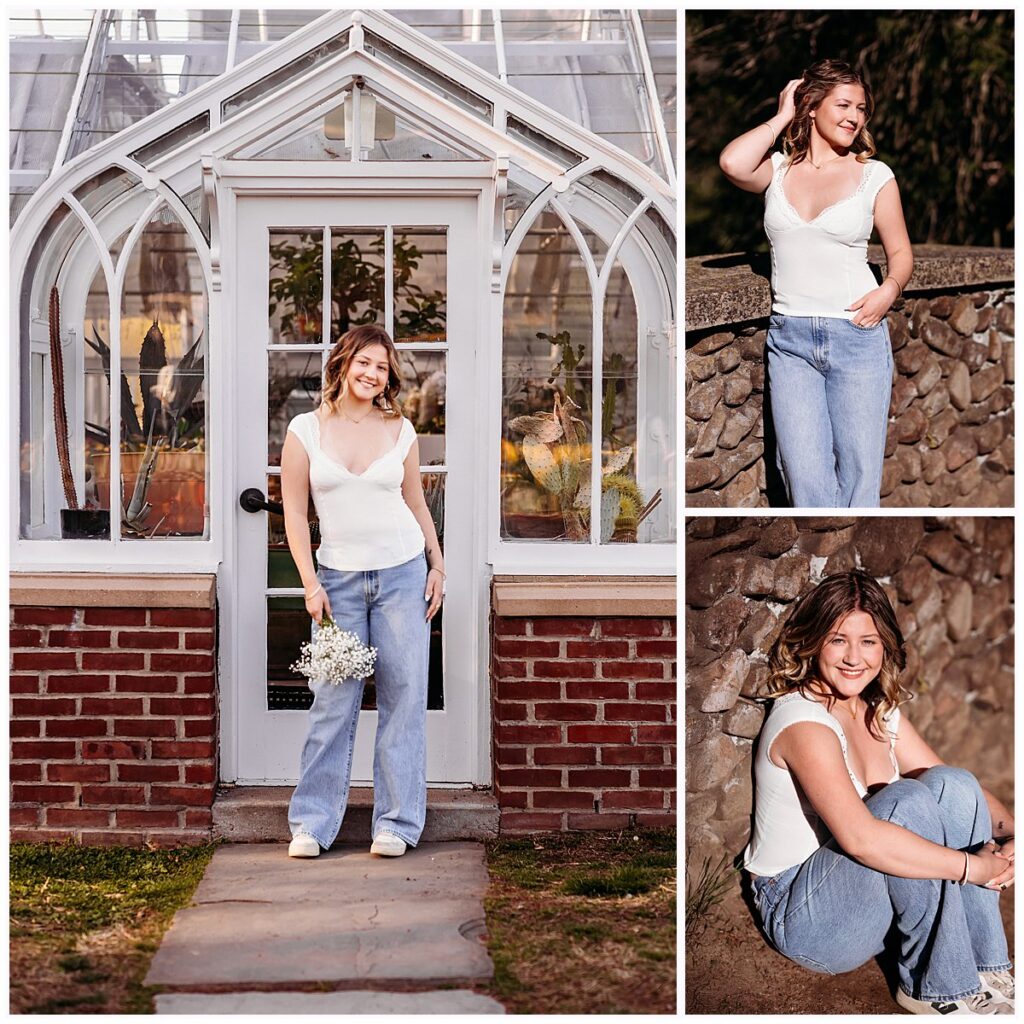 senior photos at Elizabeth Park greenhouse, white top and jeans