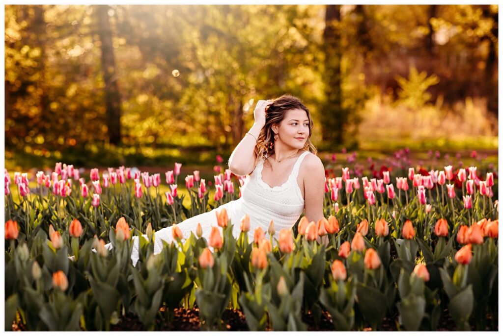 senior photos at Elizabeth Park tulip field, white lace dress golden hour