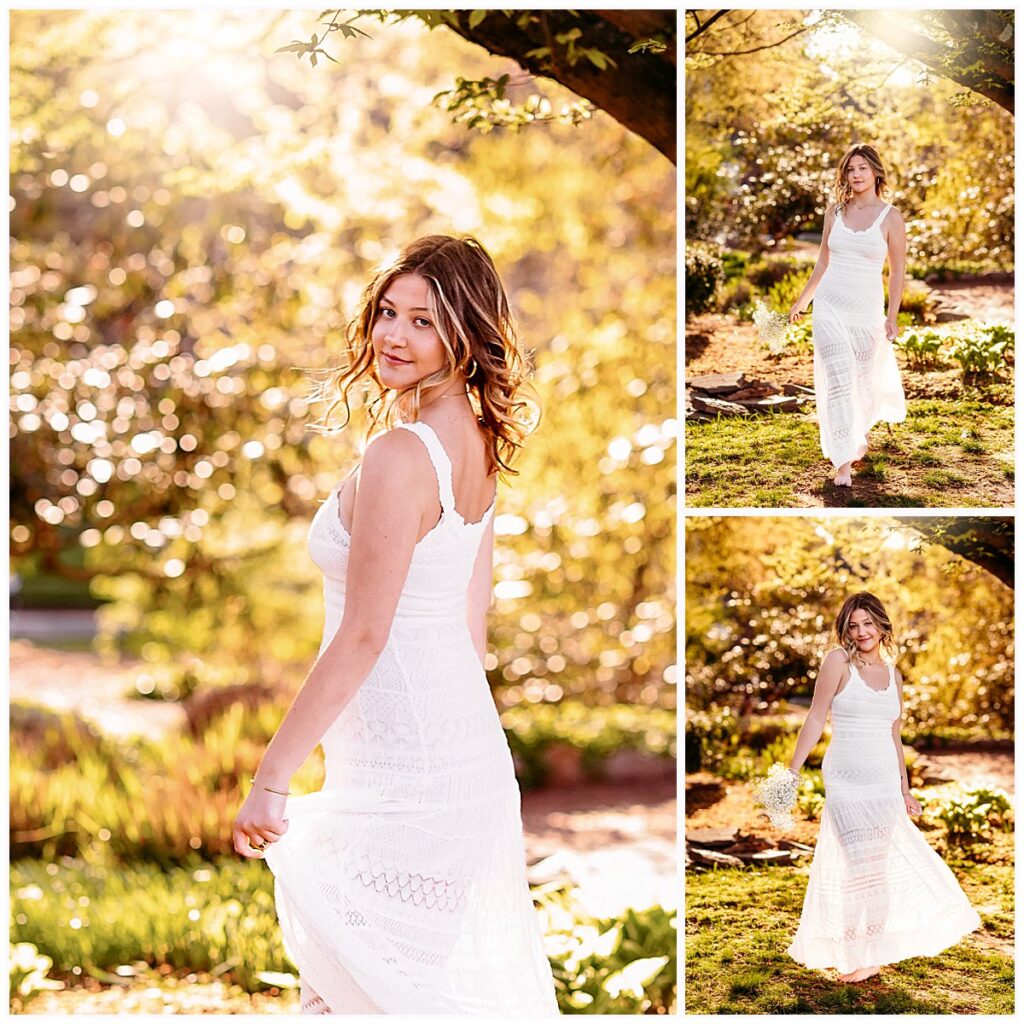 senior girl in white lace dress, garden portraits at Elizabeth Park Hartford CT