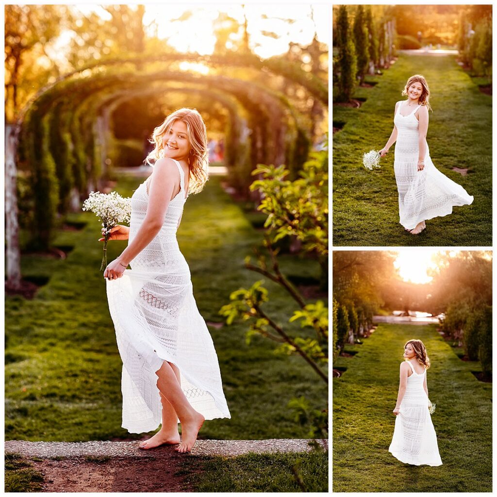 senior girl in white dress at Elizabeth Park pergola, golden hour portraits