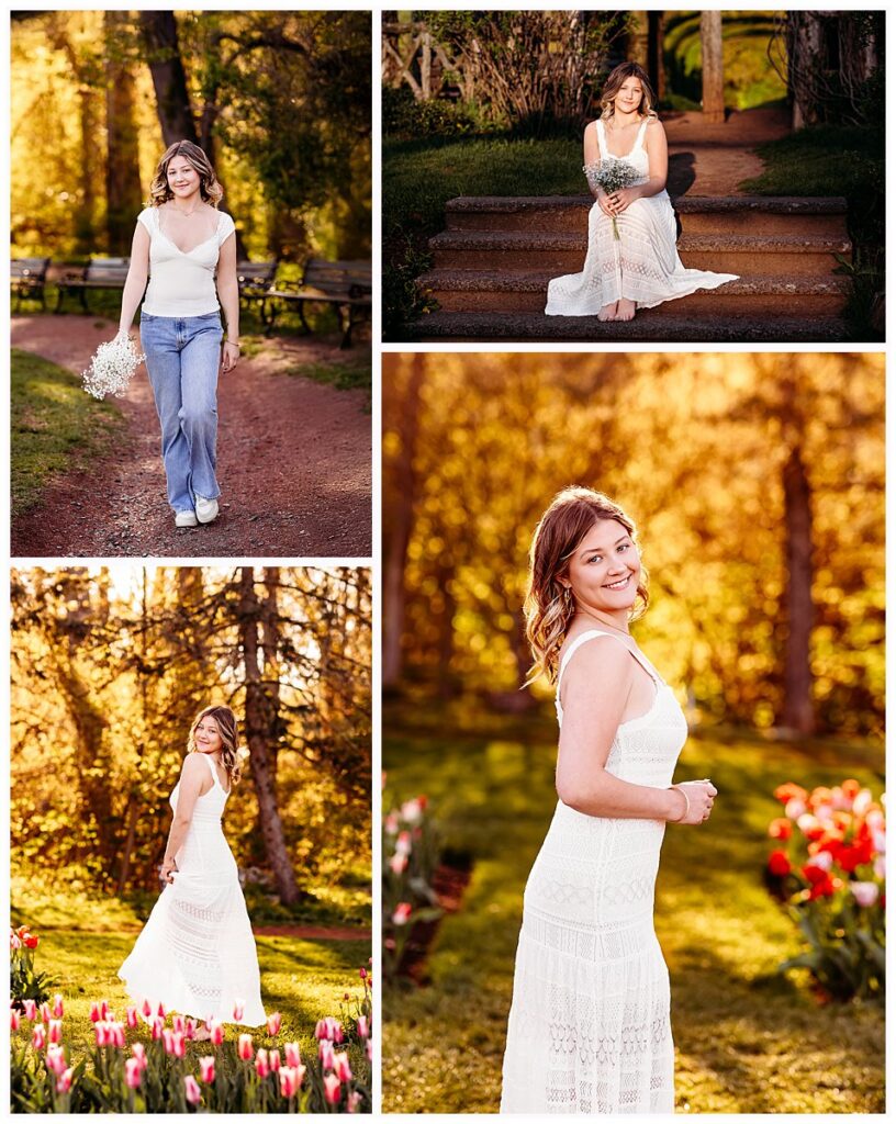 high school girl in white dress and jeans golden hour, CT photographer