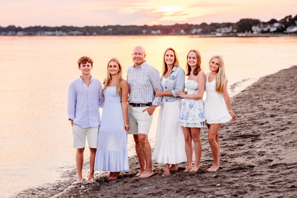 family photo of 5 people at the beach, CT Best family photographer