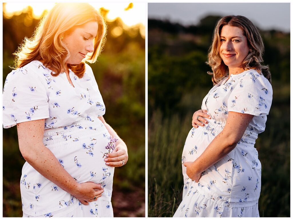 expectant woman in white dress with blue flowers, Guilford CT photographer