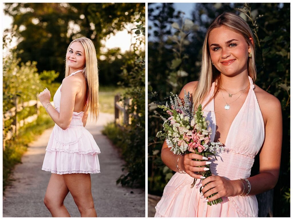 Senior in pink tiered dress holding a bouquet near Hammonasset Beach in Madison, CT