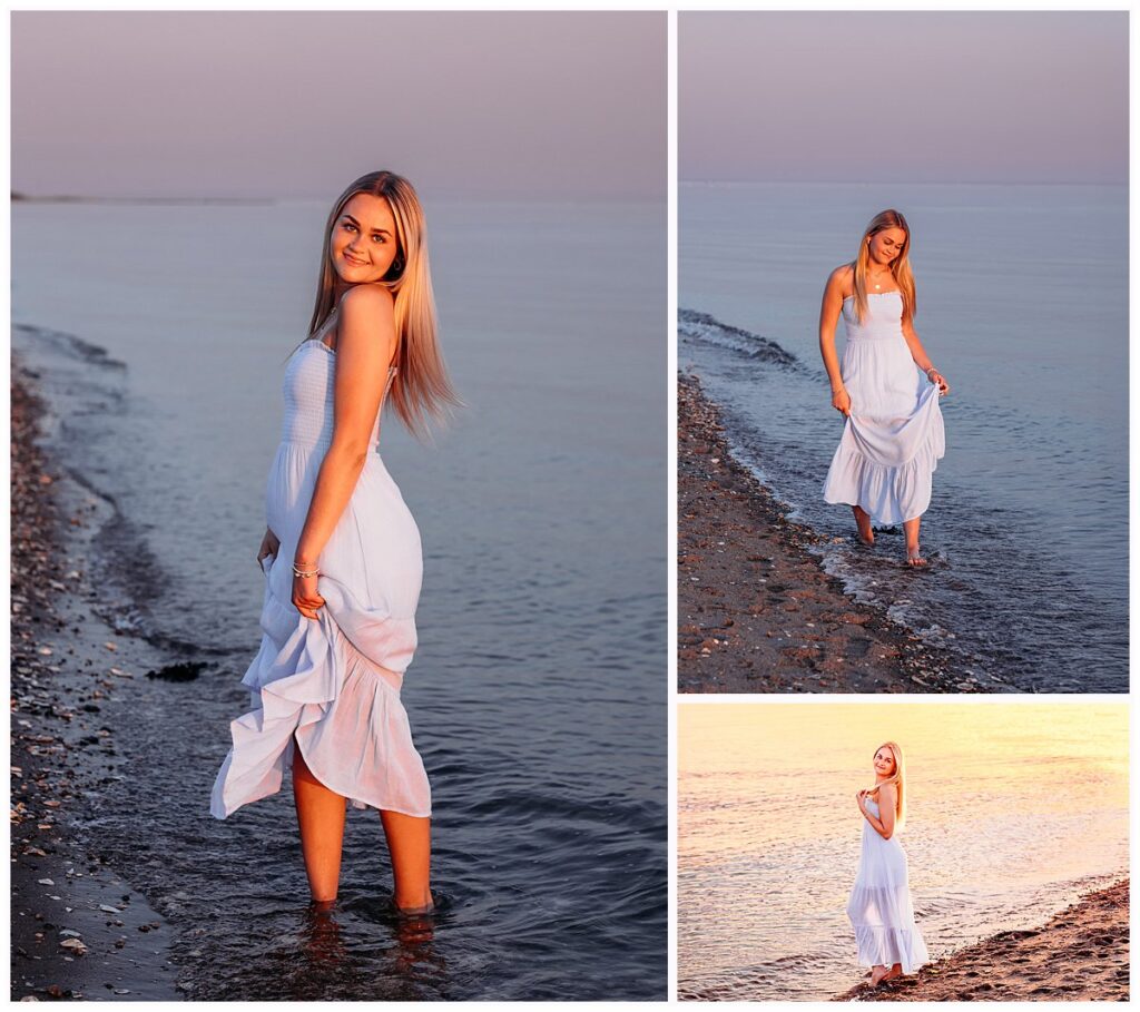 teenage girl in long blue dress at the beach, Madison CT senior photographer