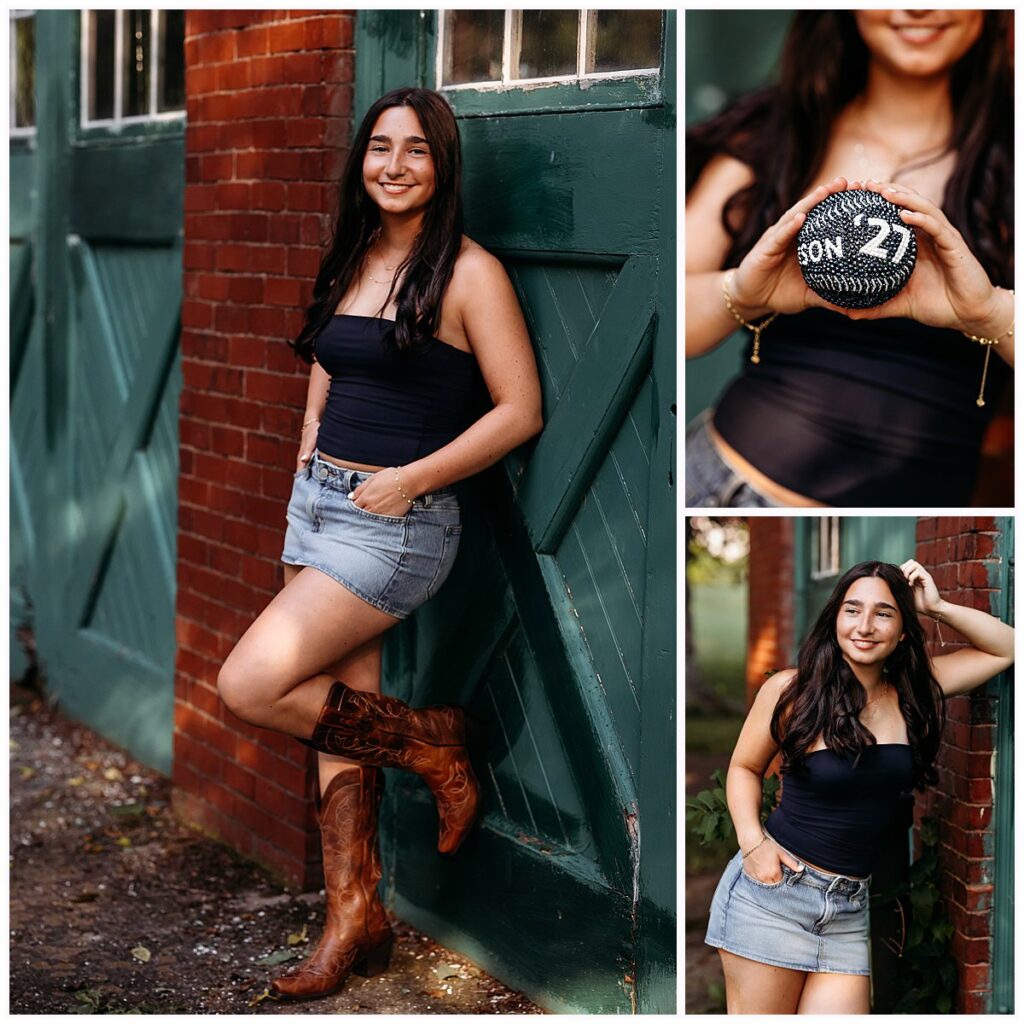 girl in jean skirt and black top leaning against a stone wall for her harkness park senior pictures, CT Best senior photographer