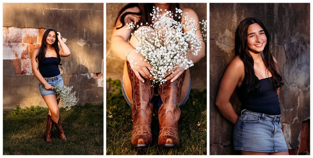girl in jean skirt and black top leaning against a stone wall for her harkness park senior pictures, CT Best senior photographer